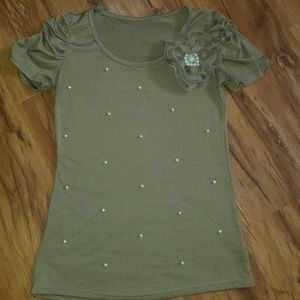 Brown Top with Flower and Pearls